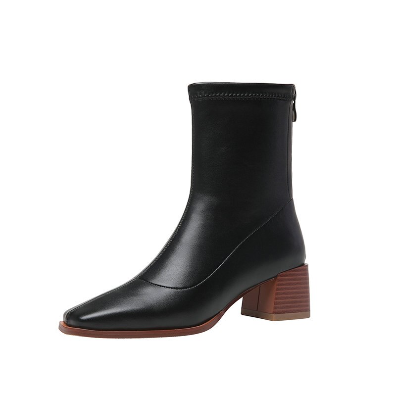 QUTAA PU Leder Herbst Winter Stiefeletten Karree Reißverschluss Damen Pumpen Platz hoch Hacke prägnant Frauen Schuhe Größe 34-39: Schwarz / 6