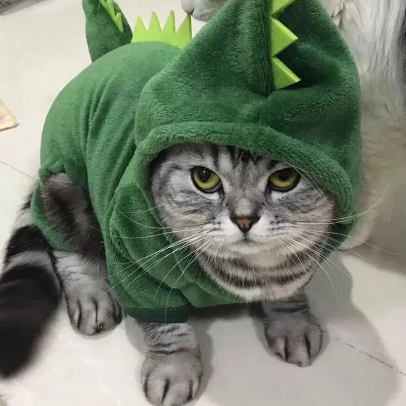 Ropa de Halloween para perros y gatos, disfraz divertido de dinosaurio para perros pequeños, abrigo cálido de invierno para gatos, sudaderas con capucha de lana