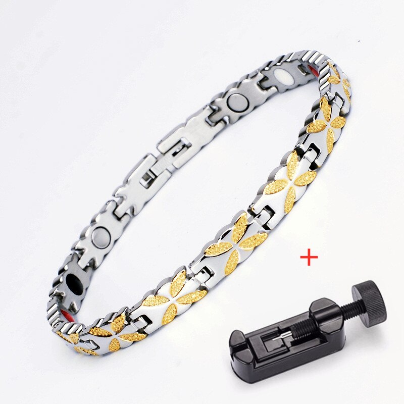 Stainless Steel Motion Health Care Bracelet For Women and Mens Rose Gold Color Grain Magnetic Bracelet Women Jewelry: Gold with tool