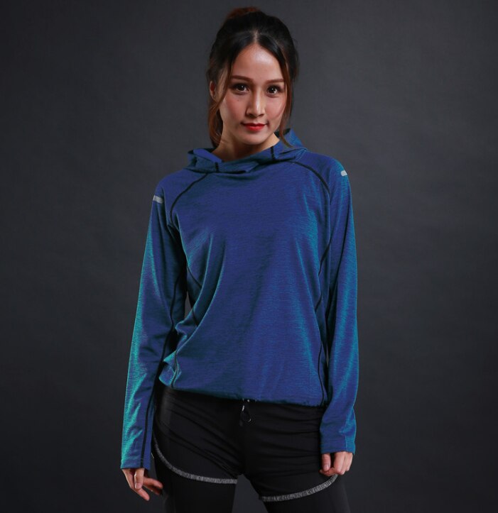 Autumn thin Women Running T Shirts Gym fitness Long Sleeves sweatshirts Quick Dry Training Breathable Hood Sports Yoga Clothing: N6803 blue / L