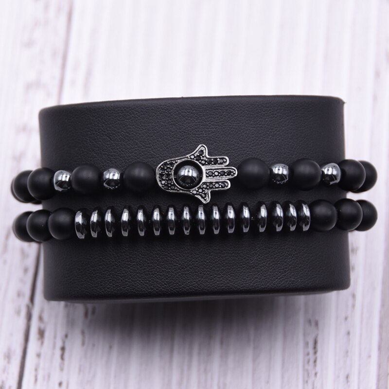 2 Stks/set Micro Pave Cz Palm Bedels Armbanden Voor Vrouwen 8Mm Matte Kralen Stenen Armband Mannen Sieraden Bileklik