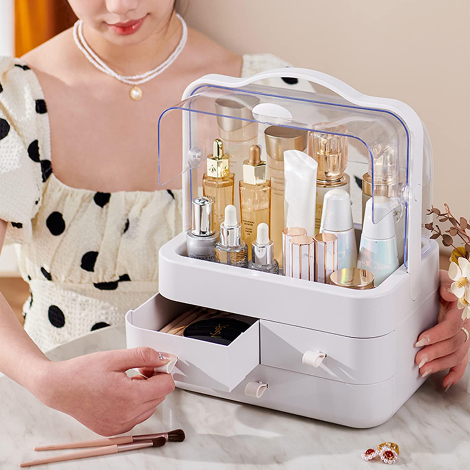 Cosmetic Organizer Countertop Organizer For Dresser With Lid And Drawer Countertop Waterproof And Dustproof Skin Care Organizer