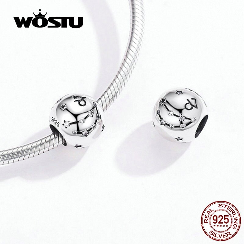 WOSTU 12 Constellation Aries Beads 925 Sterling Silver CZ Charm Fit Original DIY Bracelet Beads For Jewelry Making CQC1218