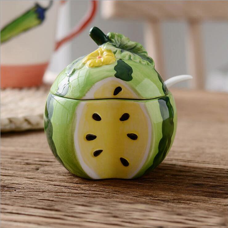 Botella de cerámica creativa para condimentos, tanque de almacenamiento con forma de fruta y melón, suministros de Decoración de cocina y , tazón de azúcar 08143: 2
