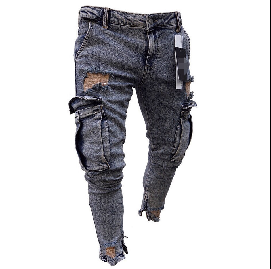 Vasket jeans herre revet skinny jeans ødelagt frynsete slim fit denim lomme blyant bukse størrelse s -2xl