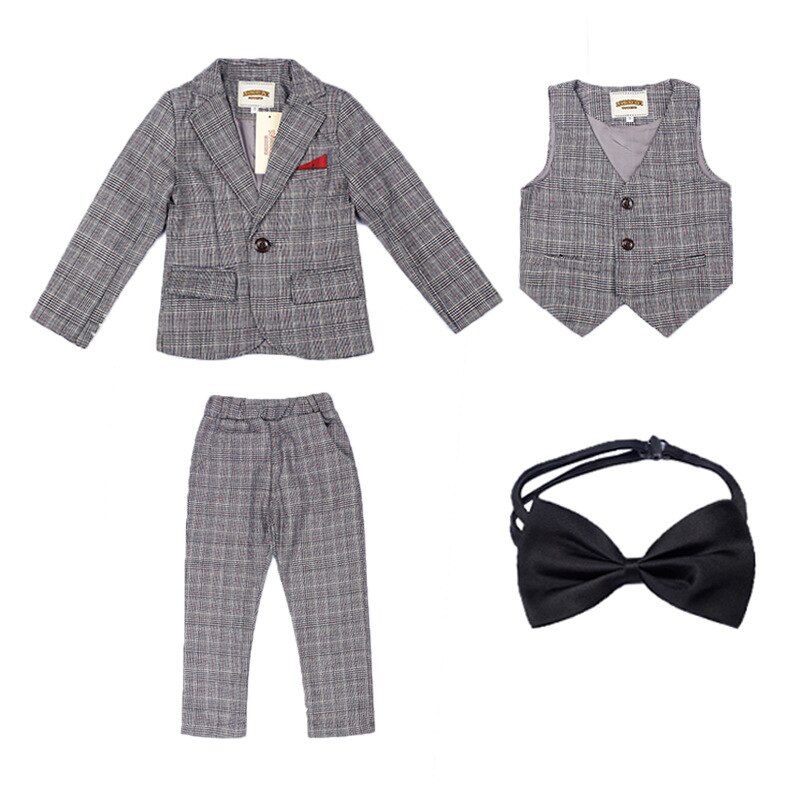 Kids Plaid Blazer Wedding Suits Brand Flower Boys Formal Tuxedos School Suit Kids Spring Autumn Clothing Set F318: gray 3pcs / 3T
