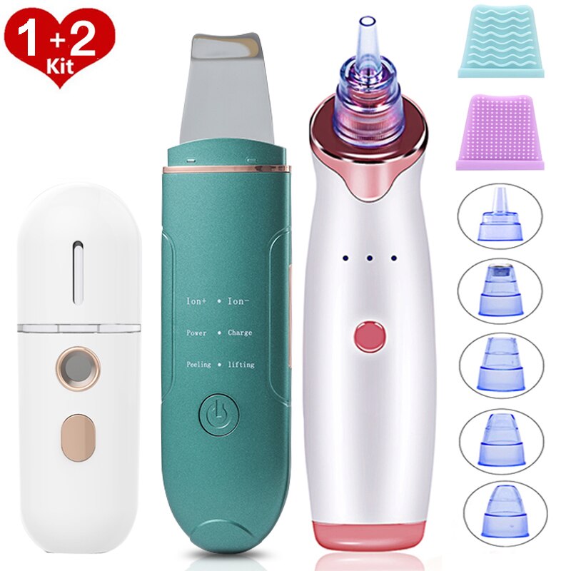 RUBYONLY Ultrasonic Skin Scrubber Deep Face Cleaning Machine Peeling Shovel Facial Pore Cleaner Ultrasonic Cleaner: Green Set 2