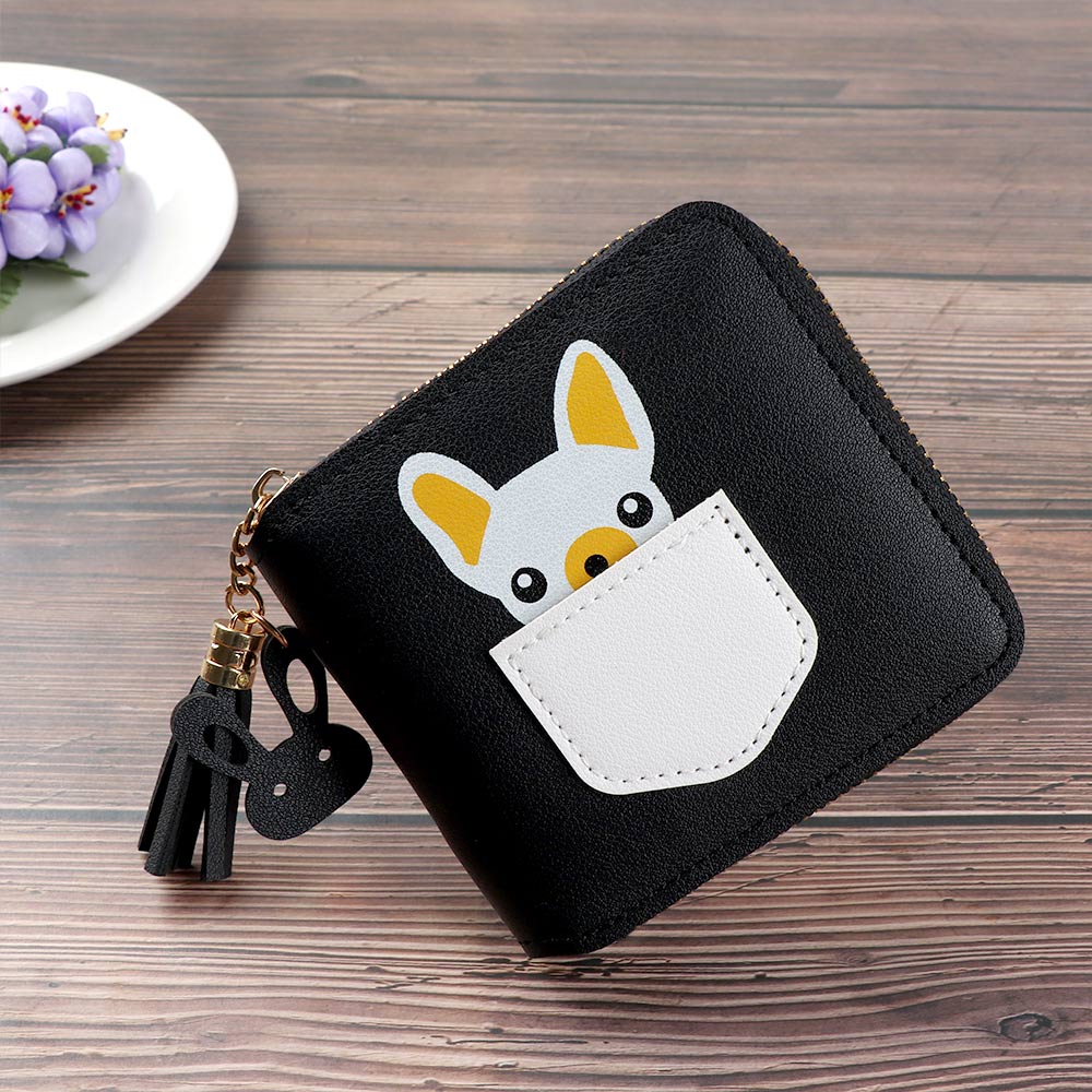 Korte kwastjes dames portemonnees schattige kleine portemonnee cartoon hond dier korte portemonnee met rits rond dames clutch kaarthouder: Zwart