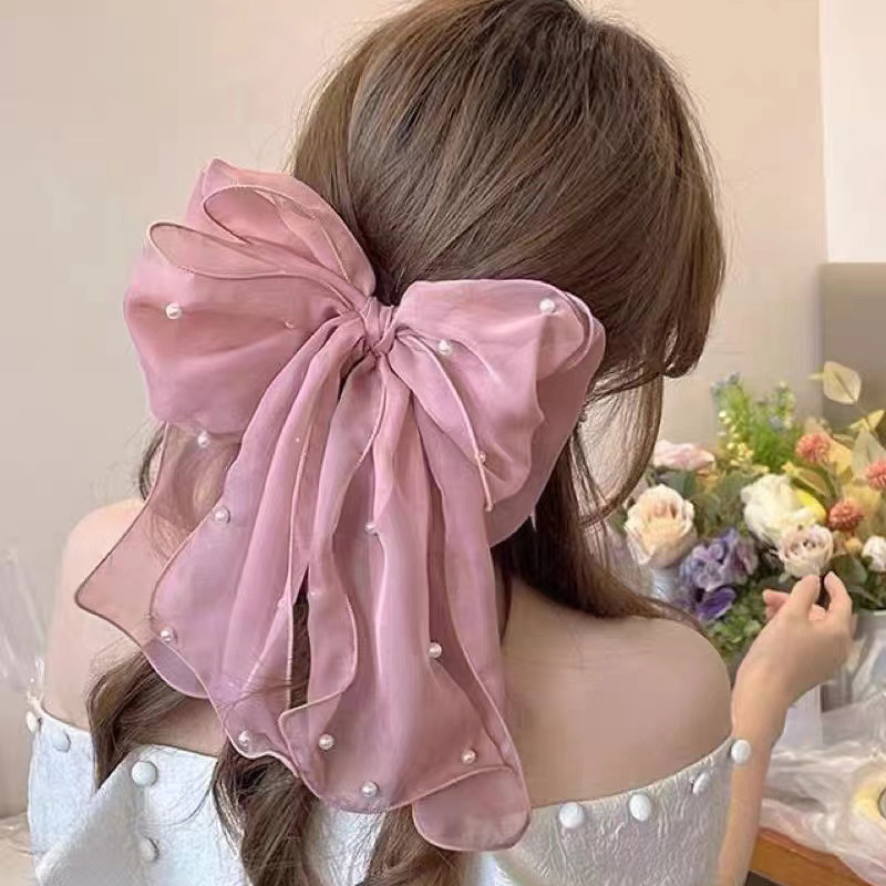 Pinces à cheveux en mousseline de soie avec nœud papillon pour femme, nœud de perle de ruban pour femme, épingle à queue de cheval, nœuds barcords, vêtements de sauna élégants, accessoires de luxe: Bourgogne