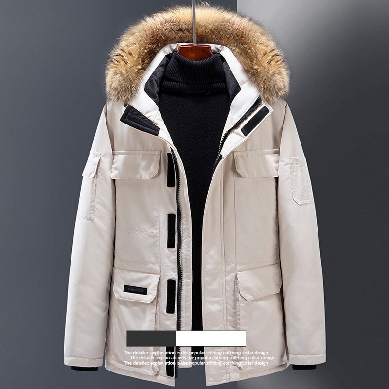Veste d'hiver parka à capuche en fourrure de canard blanche pour hommes, 20 degrés, manteau de fourrure épaisse et chaude pour hommes, coupe-vent avec grandes poches