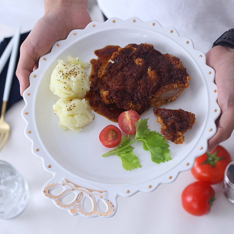 Plato grande de cerámica con corona dorada y diamantes, plato de joyería para desayuno, platos occidentales para comida y fruta, decoración de la bandeja para guardar artesanales
