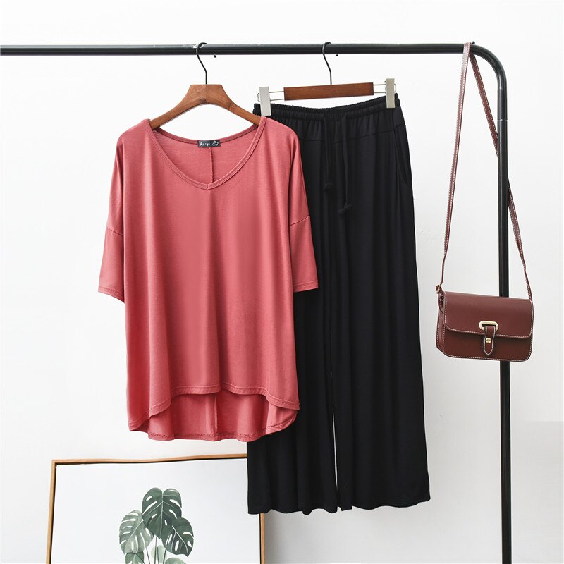 Pliktea Pyjamaset - Dames V-Hals T-shirt & Lange Broek - Effen Modal Spandex: Rood