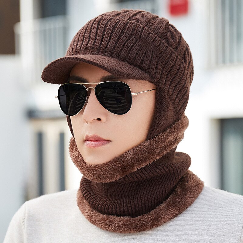 Unisex Mannen Vrouwen Winter Warm Hat Nek Warmer Ambachten Knit Visor Beanie Fleece Gevoerde Ear Flap Cap-Opk: coffee