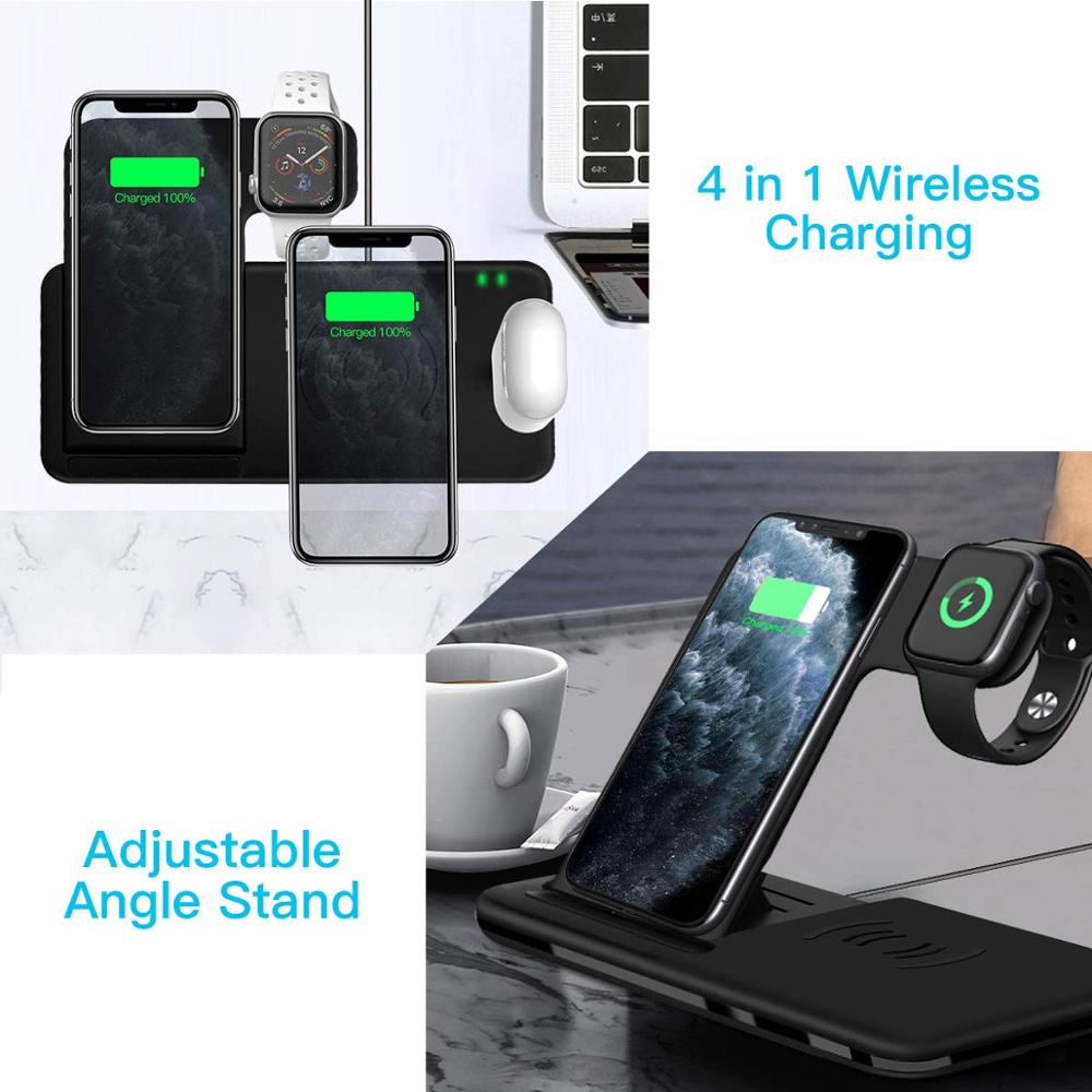 Chargeur sans fil rapide 4 en 1 Qi 15W pour iPhone 8 X XR XS 11 Pro Max 3 en 1 Station de recharge sans fil pour Apple Watch Airpods Pro