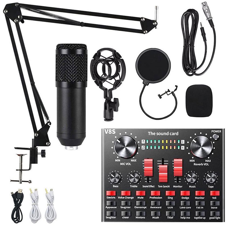 BM800 XlR Microfoon Gelede Arm V8 Live Geluidskaart Podcast BM 800 Condensor Professionele Studio Record Apparatuur Geluidskaart: Black