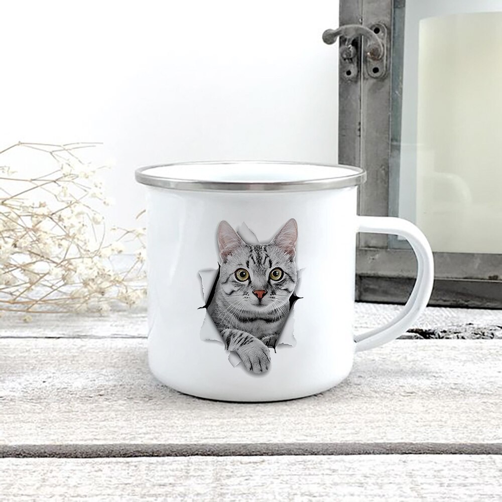 Kreative 3d Druck Katze Emaille Kaffee Tee Becher Hause Frühstück Nachtisch Milch Hafer Tassen mit Griff Wasser Becher für Liebe katze Menschen: XH2900-A015WH-8