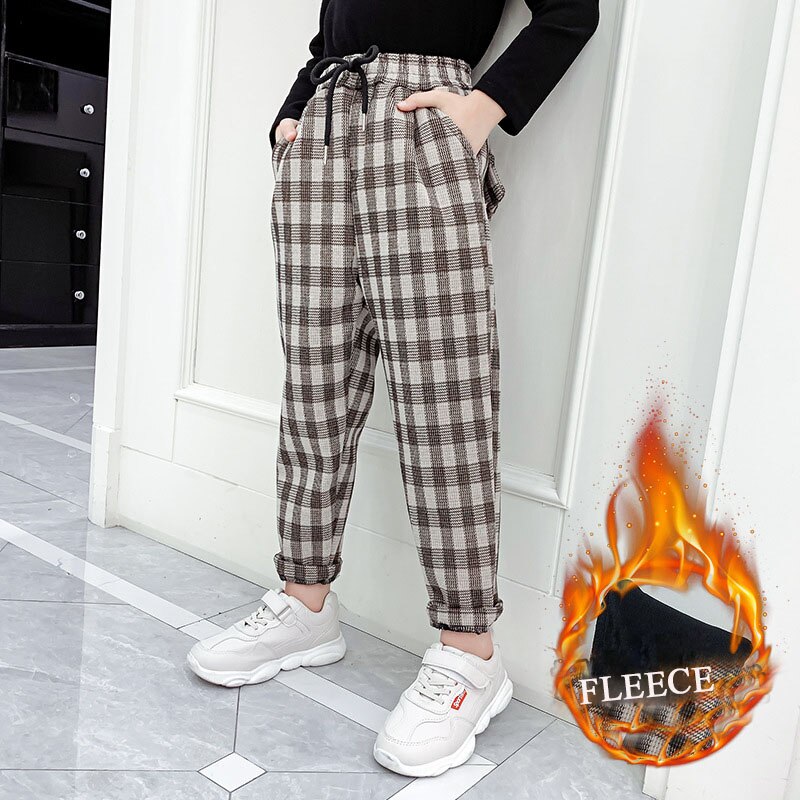 Tenåringsjenter bukser vinter rutete bukser fleece tykk casual retro barn harem bukser skolebarn bukser 8 10 12 år: Brun / 14