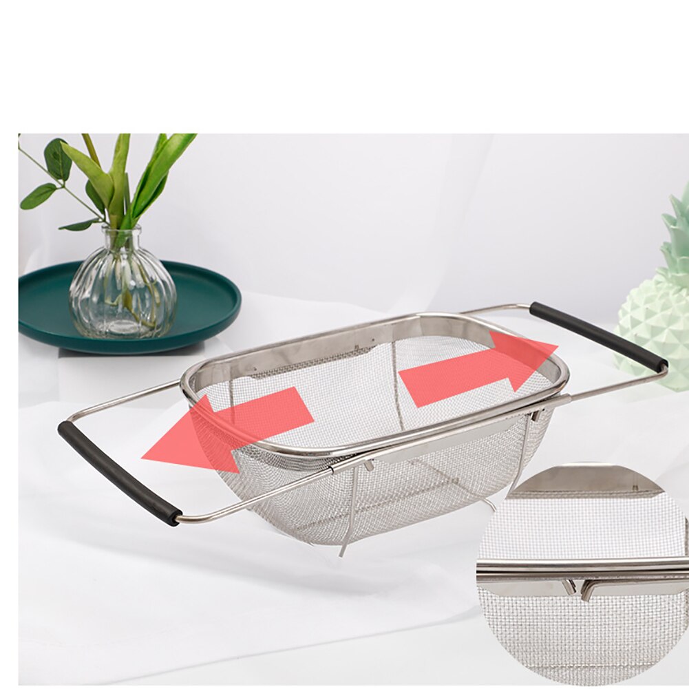 Retractable Drain Basket Rubber Grip Handle Stainless Steel Oval Colander Sink Vegetable Draining Rack Drain Wash Sink Strainer