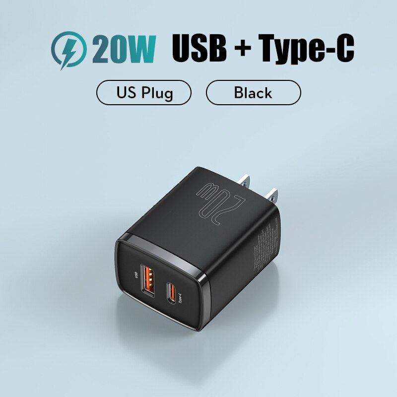 Baseus 20W caricabatterie USB tipo C Dual USB adattatore per ricarica rapida caricabatterie PD caricabatterie da viaggio portatile per iphone 12 13 pro Xiaomi: US black