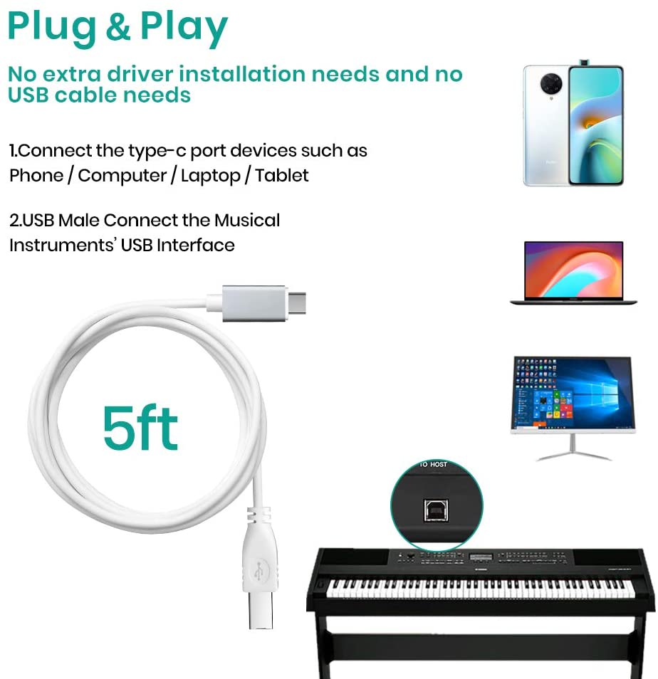 Cavo da usb c a usb 2.0 5ft cavo da tipo c a usb per controller midi, tastiera, interfaccia audio, strumento musicale elettronico