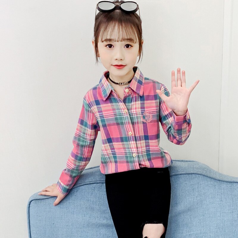 Geruite blouse voor meisjes kinderblouse lange mouw lente casual tiener tops omslagkraag katoenen kindershirts: Rood / 10-11y