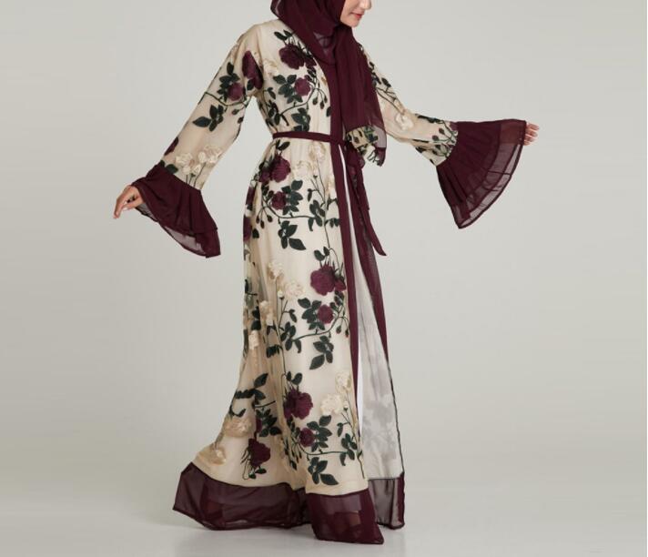 Muslim Embroidery Floral Abaya Long Dresses Flare Sleeve Cardigan Kimono Long Robe Tunic Middle East Ramadan Arab