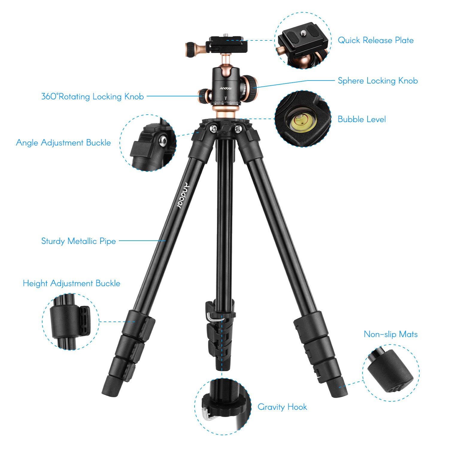 Andoer  q160sa kamerastativ kompletta stativ ballhead bubblanivå resestativ för dslr -kameror videokamera för canon nikon sony