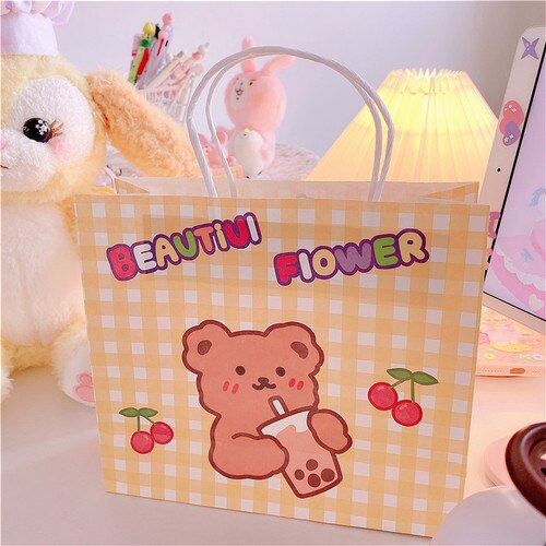 3pcs/lot Grid girl Bags Kraft Packaging Handle Paper Storage Bag for Wedding Candy Favor Bag With Handle Bag: Yellow grid bear