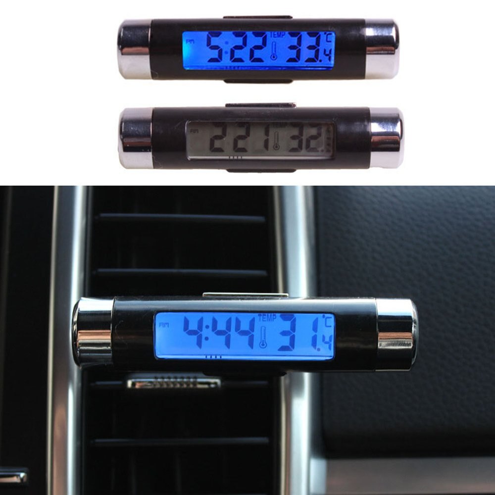 2 In 1 Car Vehicle LCD Digital Display Automotive Thermometer Clock Portable Car Air Vent Outlet Clip-on LED Backlight