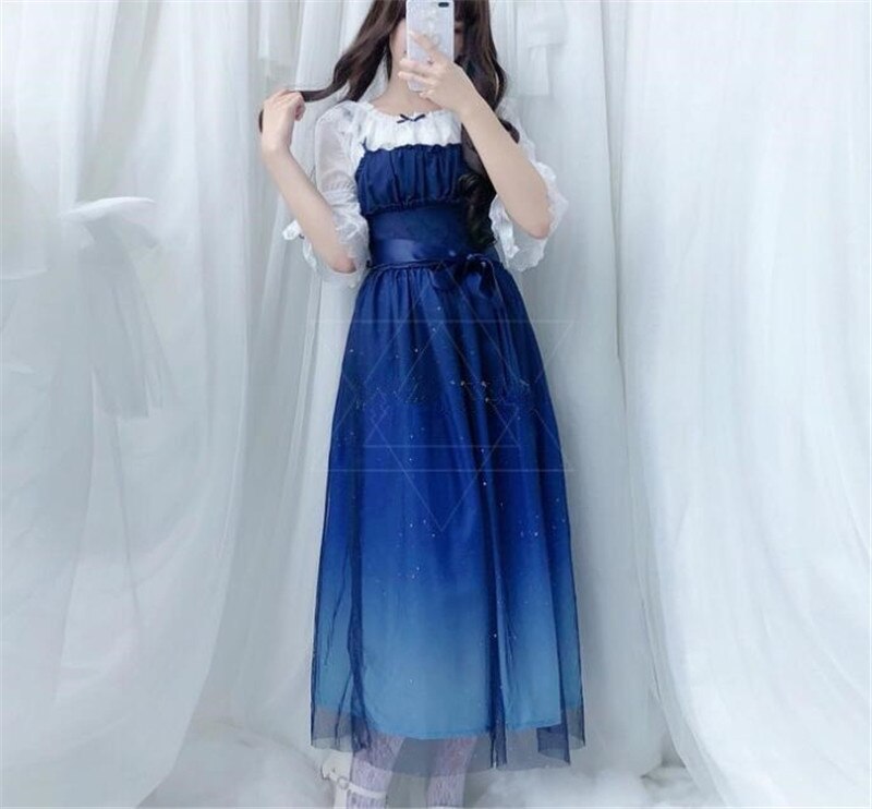 Shinning Stars Lolita Dress Gradient JSK Star Blue Girls Solid Fancy Dress Lace Ruched Pleated Dress and Shirt Set: only long dress set / M