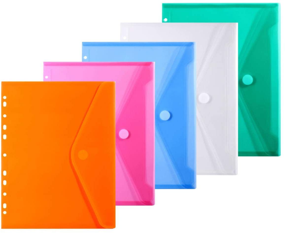 Enveloppe plastique pour dossiers, 11 trous, format A4, pochette, insertion de Pages pour classeurs, avec fermeture Velcro robuste, couleurs assorties,: A4 Colorful -5PCS