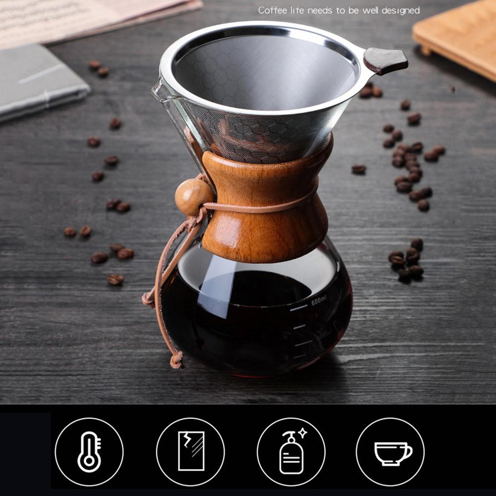 Hæld over kaffemaskine glaskaraffel og genanvendeligt rustfrit stål permanent filter manuel kaffedråber med ægte træmuffe