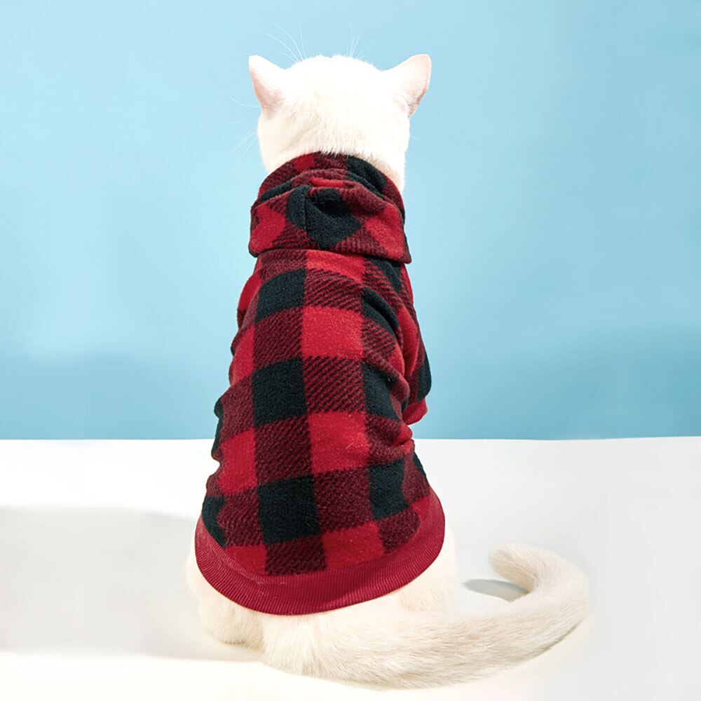 Classic Plaid Cat Hoodie Winter Cat Clothes Cat Sweatshirt Warm Fleece Soft Vest for Cats Puppies Small Animals