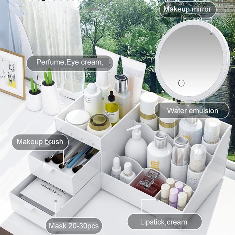 LED Mirror Makeup Organizer Bathroom Large Capacity Drawer Makeup Storage Box Skin Care Dressing Table Girl Cosmetic Beauty Case