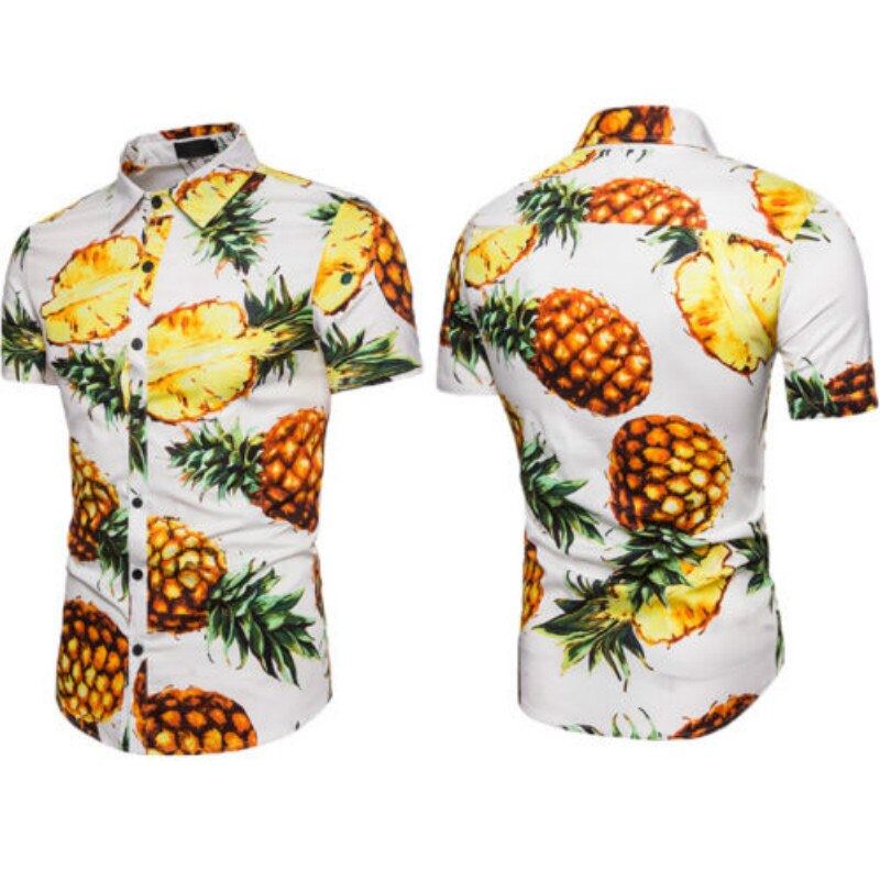 Miesten kesä ananasprinttipaidat rento lyhythihaiset havaijilaiset rantatopit alaspäin kaulus mies trooppinen camisa masculina paita