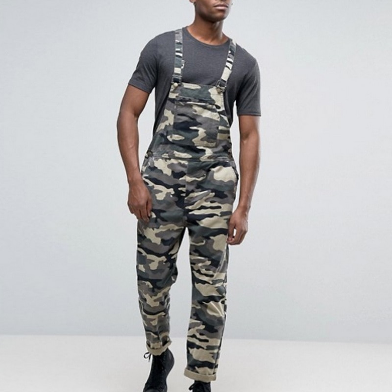 Mens Bib Overall Pants Lightweight Casual Loose Fit Walkshort Jumpsuit Button Denim Rompers Camouflage Overalls Hole Jeans