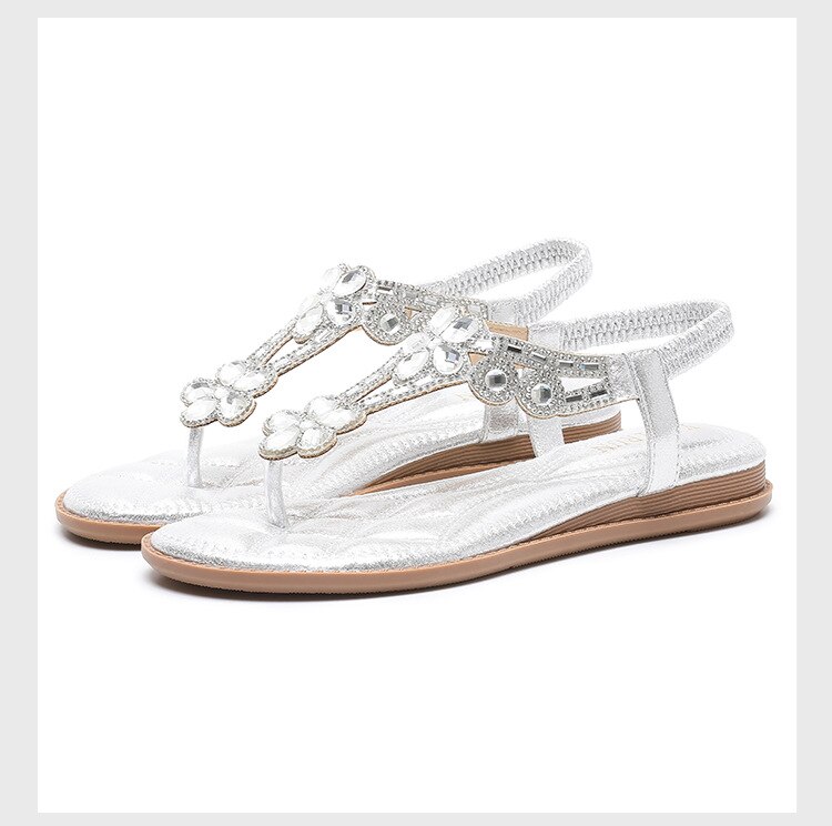 Rhinestone sandals flat heel hollow boho comfort women's flip-flops beach soft sandals elastic band: Silver / 39