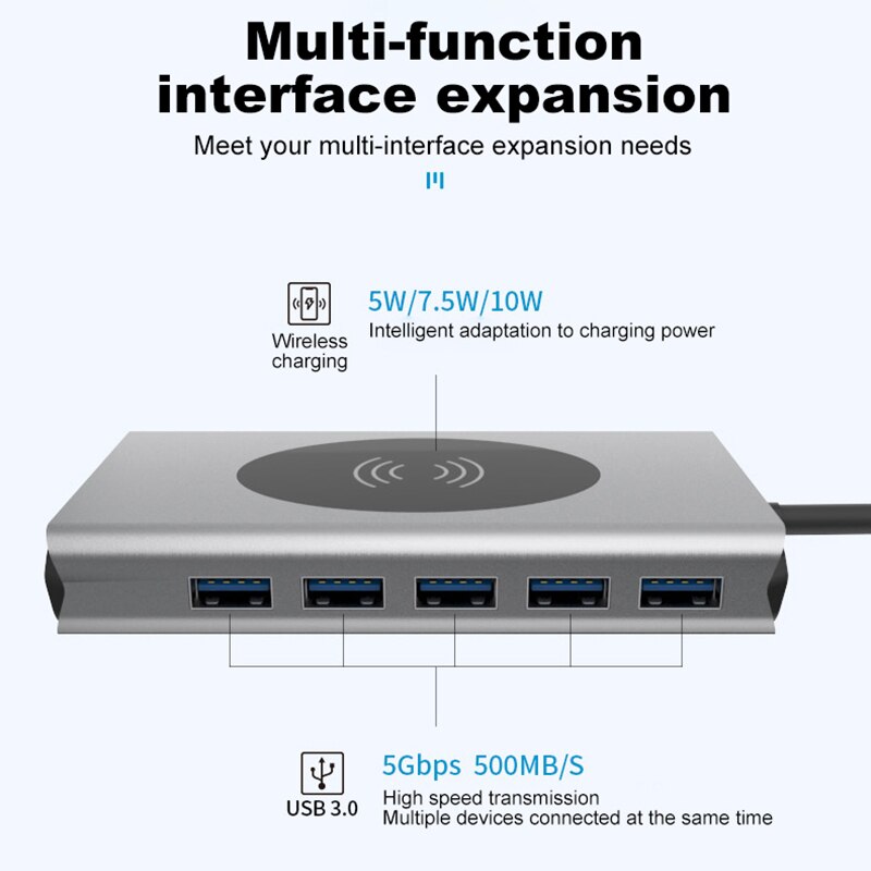 13 in 1 type-c naar hdmi vga pd snel opladen  rj45 o uitbreidingsdock hub ondersteunt 5w / 7.5w / 10w draadloos opladen