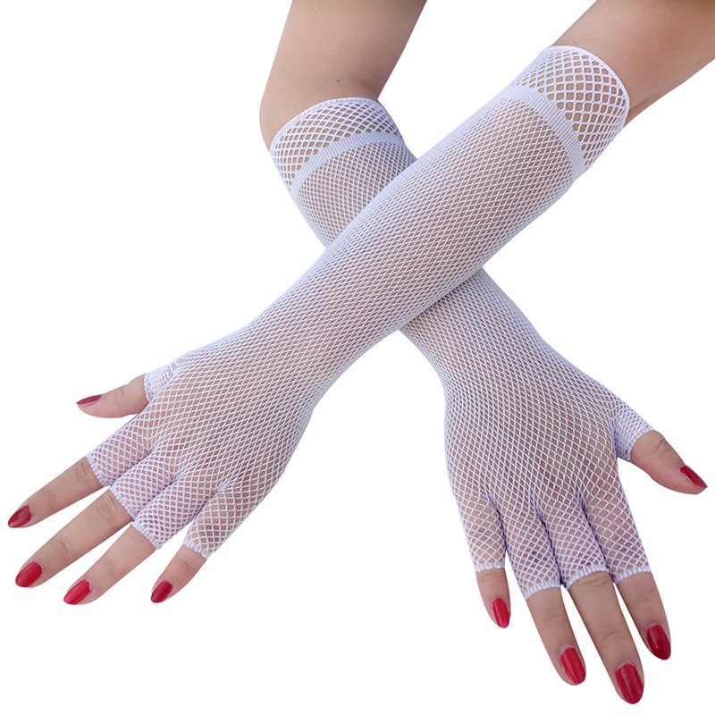 Filet de pêche en dentelle transparente pour femmes, gants noirs élastiques en maille à manches longues pour mariée, gants Sexy pour femmes: B-white