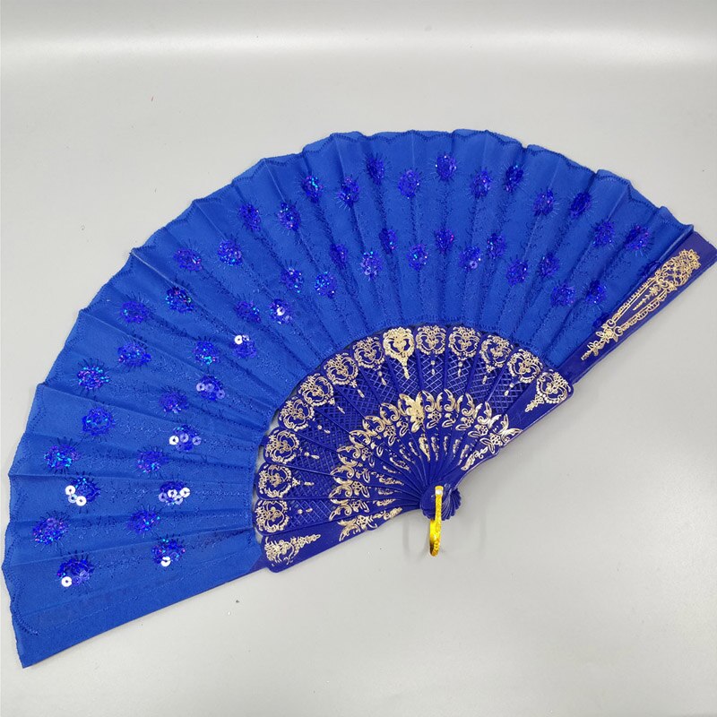 Art Folding Tail Feather Plastic Bone Sequins Carved Hand Fan Summer Accessory Crafts Print Home Decor Embroidery: royal blue