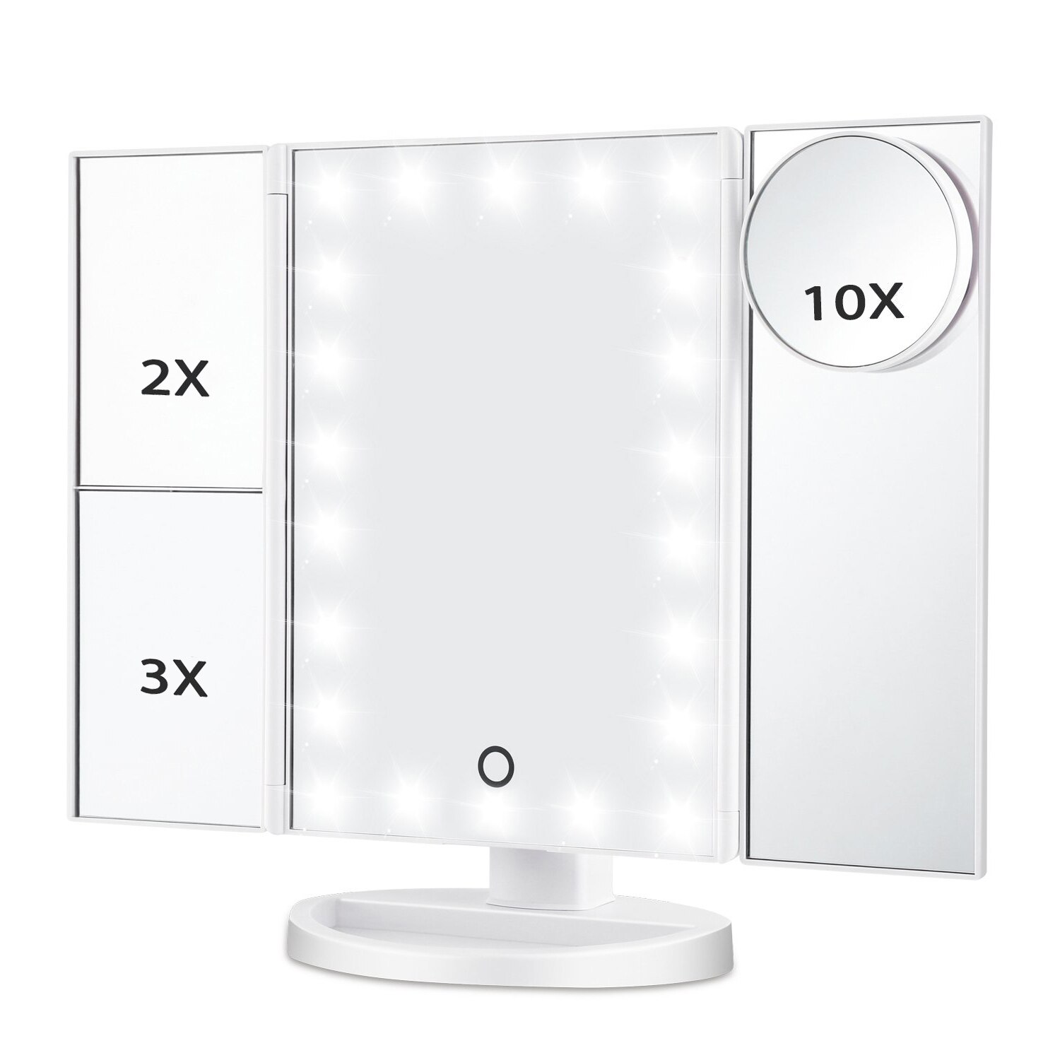 Espejo de maquillaje ligero con pantalla táctil LED, espejo cosmético de alta definición con aumento de 1X/2X/3X/10X, 22 unidades: White