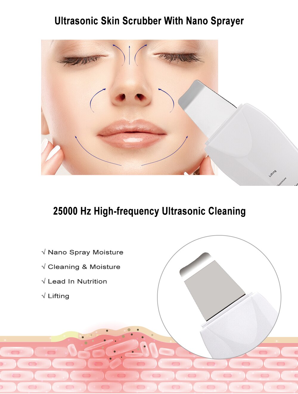 Beauty Star Ultrasone Facial Skin Scrubber Porie Schoner Nano Spuit Ultrasound Deep Cleaning Huid Scrubber Mee-eter Verwijderen