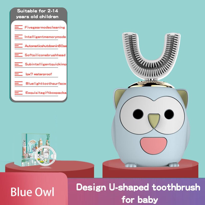 Intelligente 360-Graden Elektrische U-Vormige Tandenborstels Voor Kinderen Bevatten Automatische Ultrasone Tanden Ceaning En Whitening Auto: Blue owl