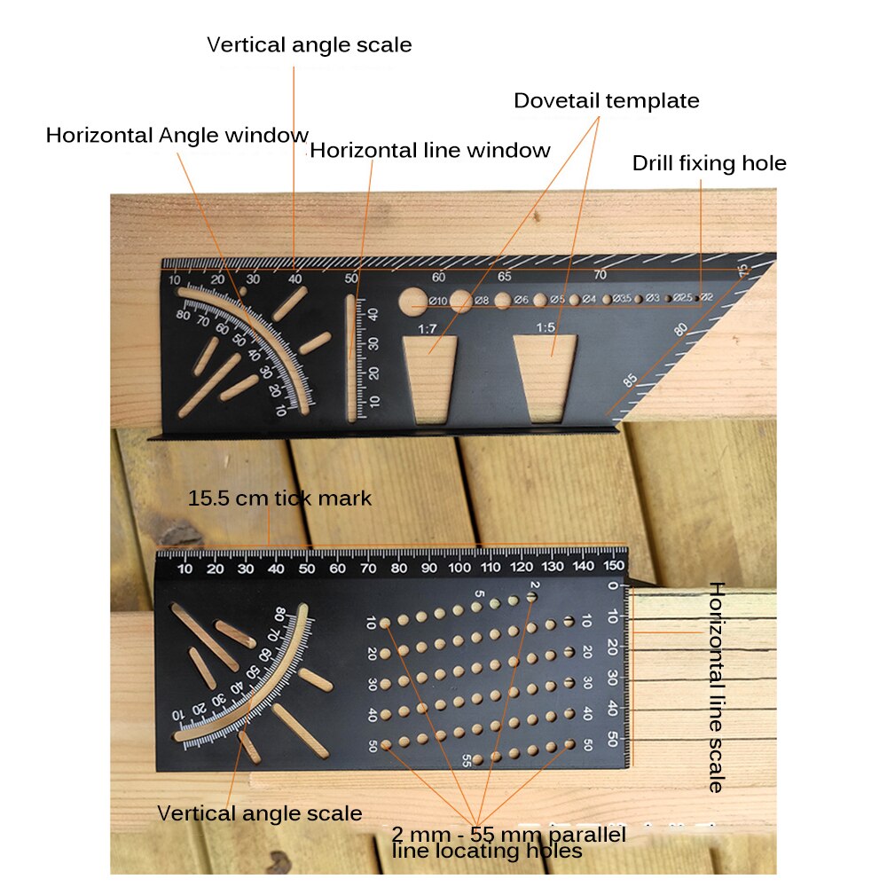 Aluminum Alloy Multifunctional Angle Ruler With 45 Degrees And 90 Over-Line Angle Ruler
