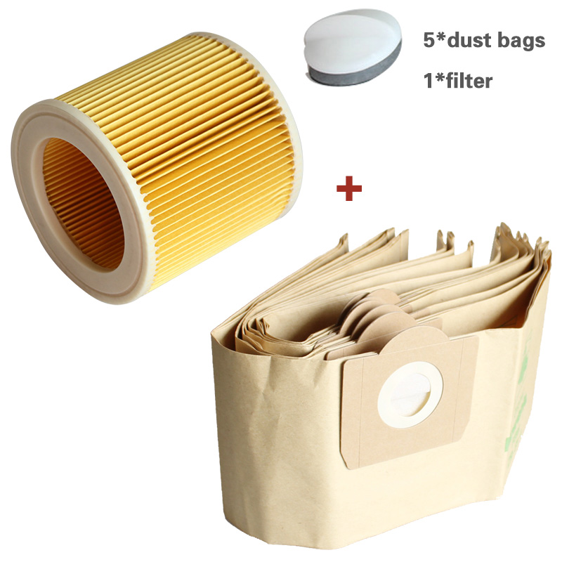 5 bolsas de polvo para aspiradora KARCHER WD3 Premium WD 3.300 M WD 3.200 WD3.500 P 6.959-130, 1 filtro
