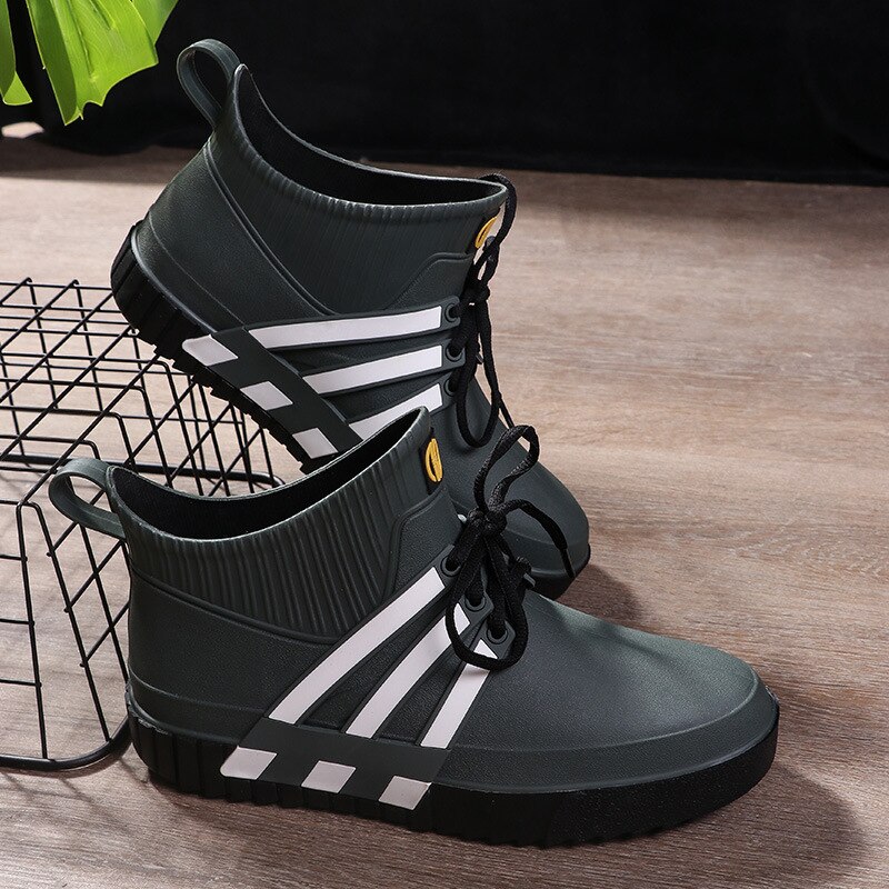 Rouroliu Mannen Lente Herfst Enkel Regen Laarzen Anti-Slip Mannelijke Waterdichte Water Schoenen Dikke Tuin Schoenen
