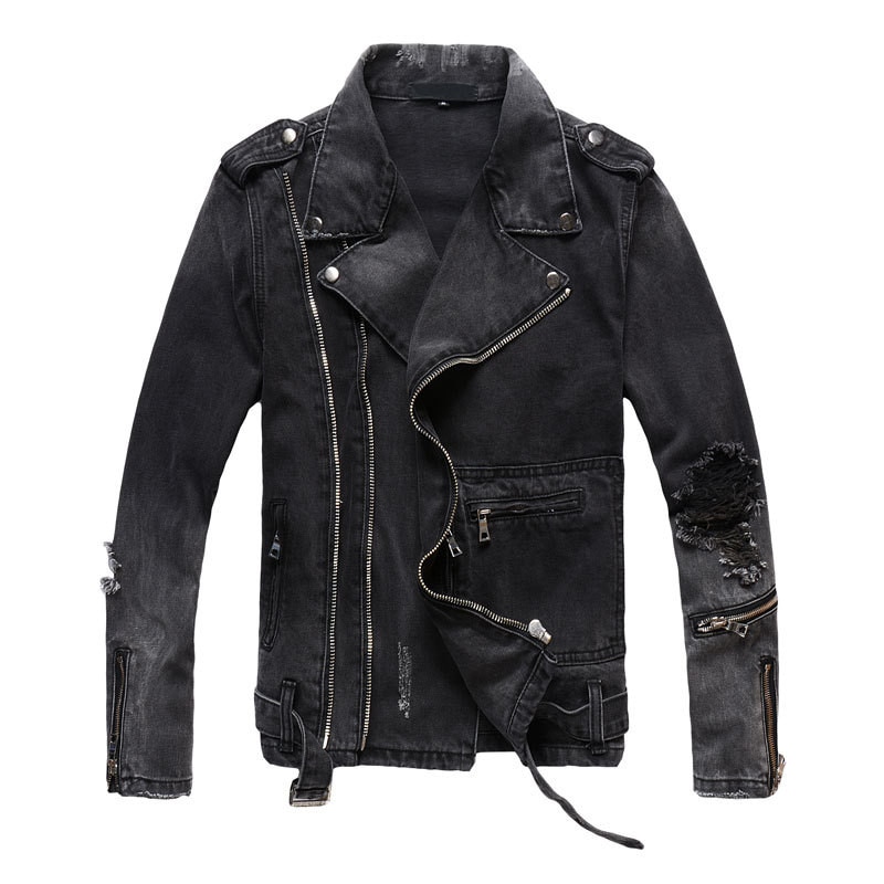 Mode Hi Straat Mens Ripped Denim Jassen Met Multi Ritsen Streetwear Verontruste Motorfiets Biker Jeans Jas