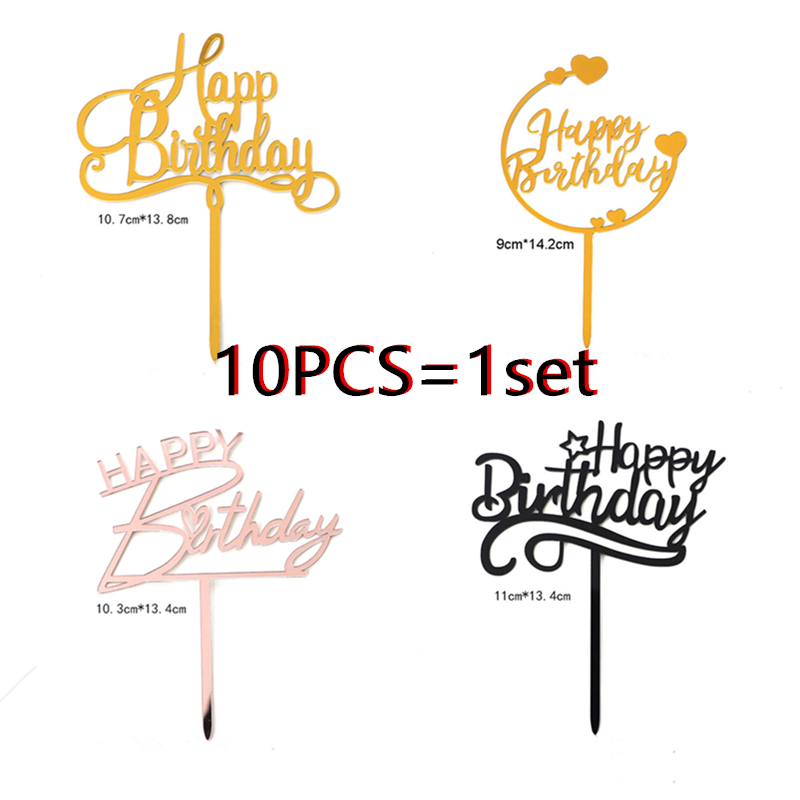 10 Uds. De oro , adorno para tarta de feliz cumpleaños, acrílico dorado y negro, adorno para tarta de de cumpleaños para niños, decoración de postre, para Baby Shower