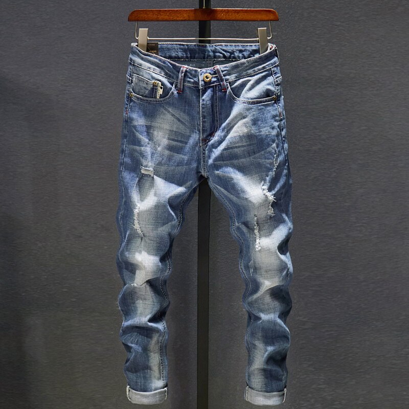 herren Jeans Löcher Ausgefranste Hiphop Zerrissene Licht Blau Dünne strecken Schlank Bein Streetwear betrübt Moto Radfahrer Jeans Männlichen Denim