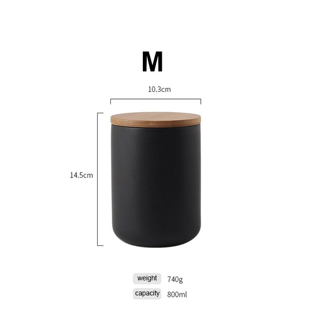 Jarra de cerámica sellada de estilo nórdico para almacenamiento de café, té y cocina, a prueba de polvo, para condimentos sólidos con tapa de Bambú: M-black